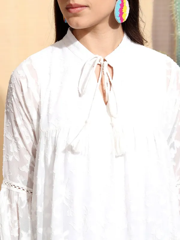 Tokyo Talkies Women White Embroidered Regular Top