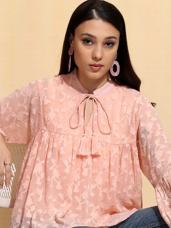 Tokyo Talkies Women Peach Embroidered Regular Top