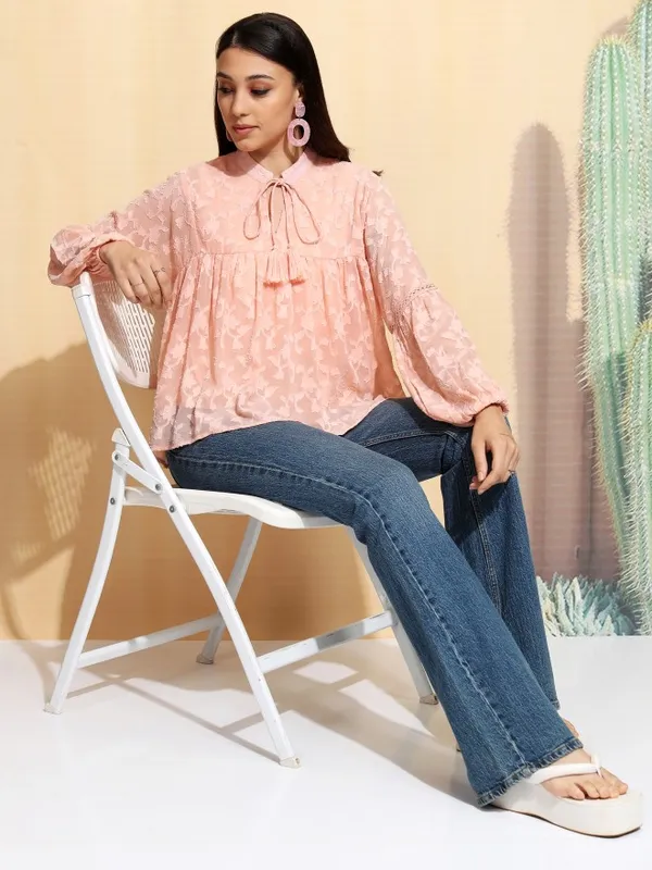Tokyo Talkies Women Peach Embroidered Regular Top