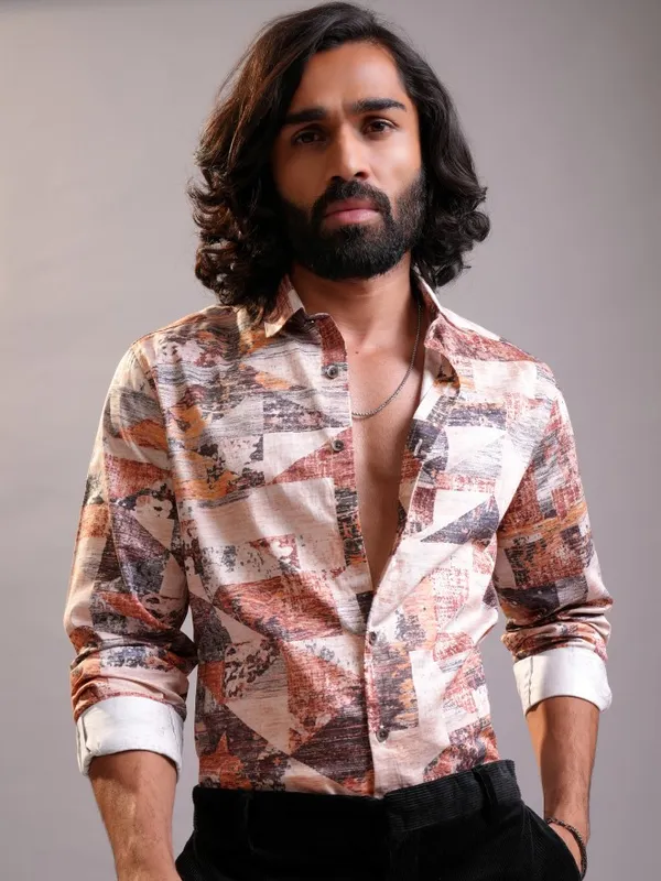 Locomotive Luxe Men Peach Multi Satin Printed Occasion Casual Shirt