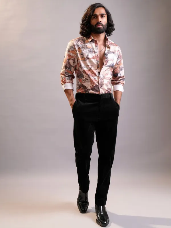 Locomotive Luxe Men Peach Multi Satin Printed Occasion Casual Shirt