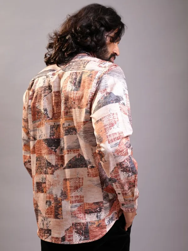 Locomotive Luxe Men Peach Multi Satin Printed Occasion Casual Shirt