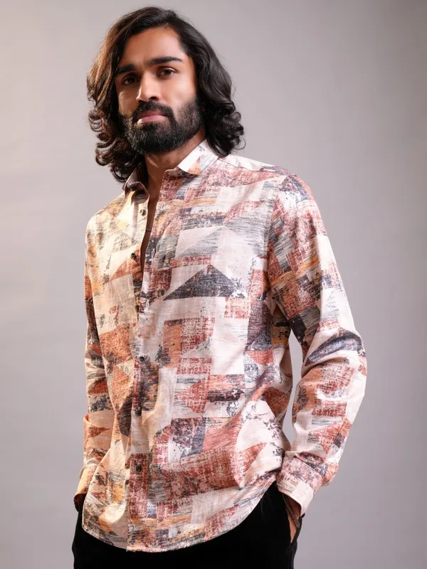 Locomotive Luxe Men Peach Multi Satin Printed Occasion Casual Shirt