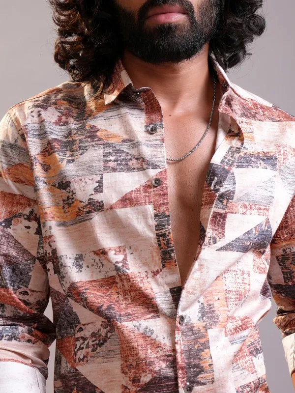 Locomotive Luxe Men Peach Multi Satin Printed Occasion Casual Shirt