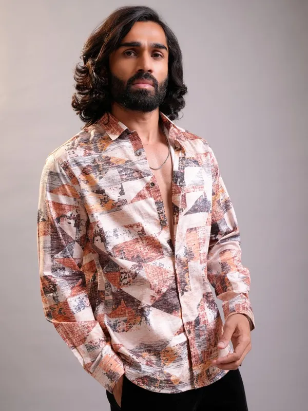 Locomotive Luxe Men Peach Multi Satin Printed Occasion Casual Shirt