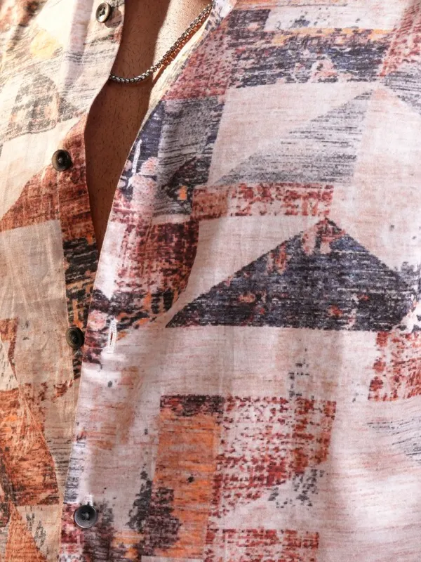 Locomotive Luxe Men Peach Multi Satin Printed Occasion Casual Shirt