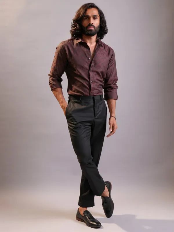 Locomotive Luxe Men Maroon Jacquard Textured Occasion Casual Shirt
