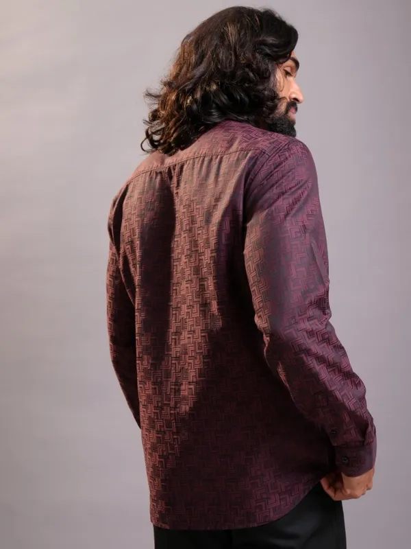 Locomotive Luxe Men Maroon Jacquard Textured Occasion Casual Shirt