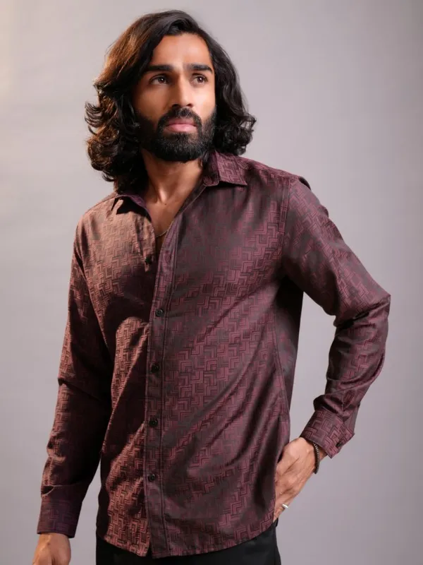 Locomotive Luxe Men Maroon Jacquard Textured Occasion Casual Shirt