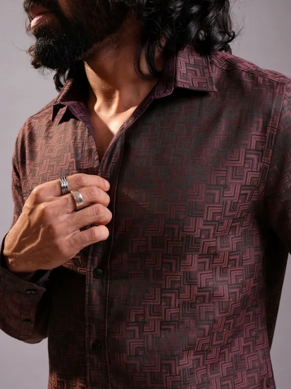 Locomotive Luxe Men Maroon Jacquard Textured Occasion Casual Shirt