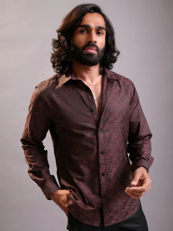 Locomotive Luxe Men Maroon Jacquard Textured Occasion Casual Shirt