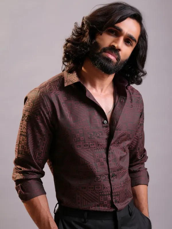 Locomotive Luxe Men Maroon Jacquard Textured Occasion Casual Shirt