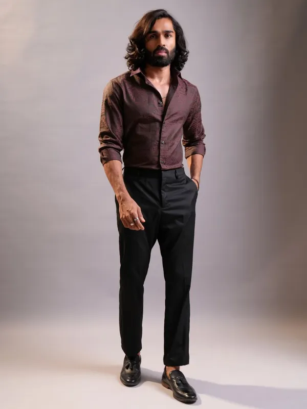 Locomotive Luxe Men Maroon Jacquard Textured Occasion Casual Shirt
