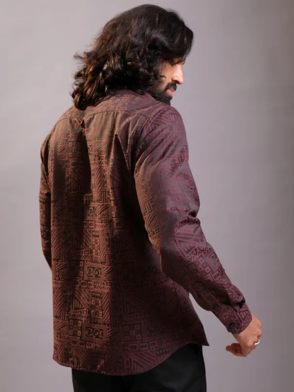 Locomotive Luxe Men Maroon Jacquard Textured Occasion Casual Shirt