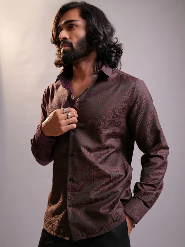 Locomotive Luxe Men Maroon Jacquard Textured Occasion Casual Shirt