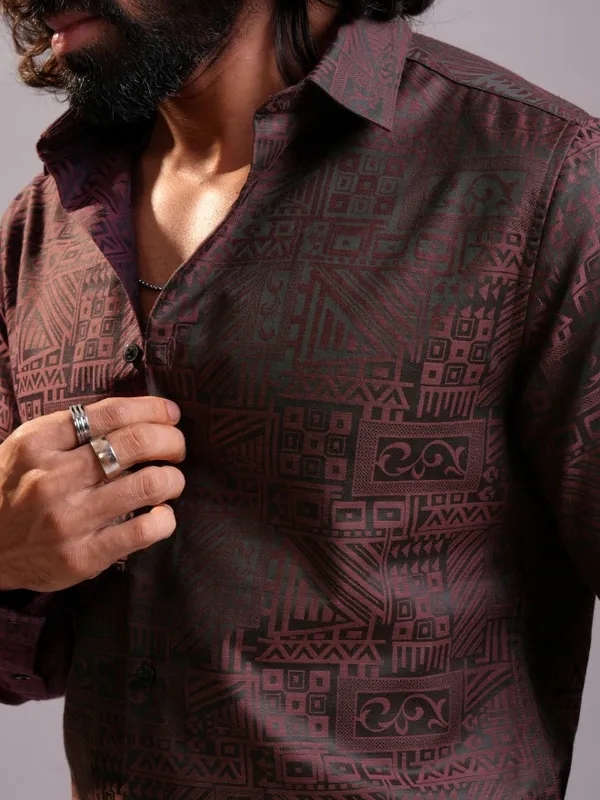 Locomotive Luxe Men Maroon Jacquard Textured Occasion Casual Shirt