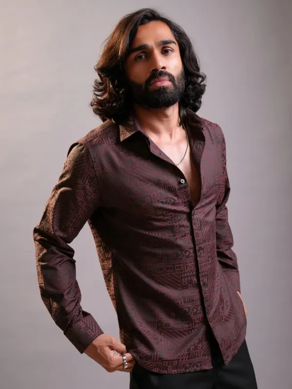Locomotive Luxe Men Maroon Jacquard Textured Occasion Casual Shirt