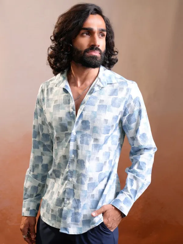 Locomotive Luxe Men Light Blue Dobby Textured Printed Occasion Casual Shirt