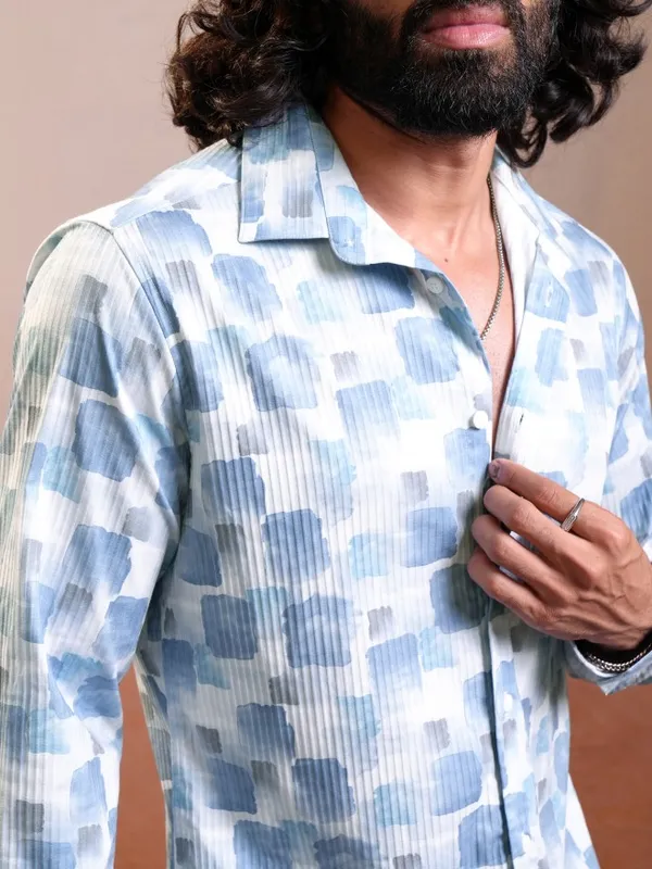 Locomotive Luxe Men Light Blue Dobby Textured Printed Occasion Casual Shirt
