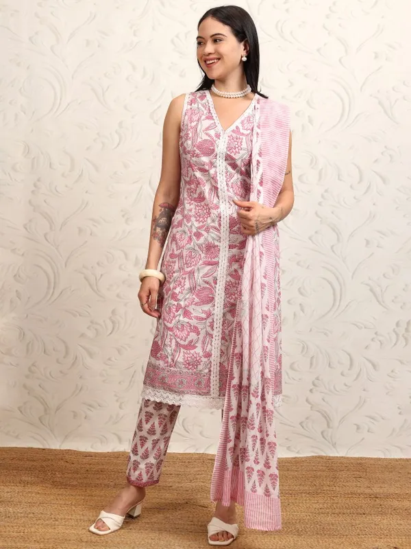 Vishudh Women White Printed Kurta With Trousers And Dupatta