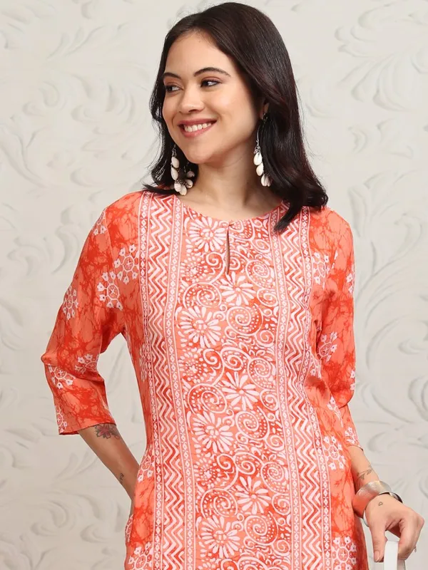 Vishudh Women Peach Printed A-Line Kurta