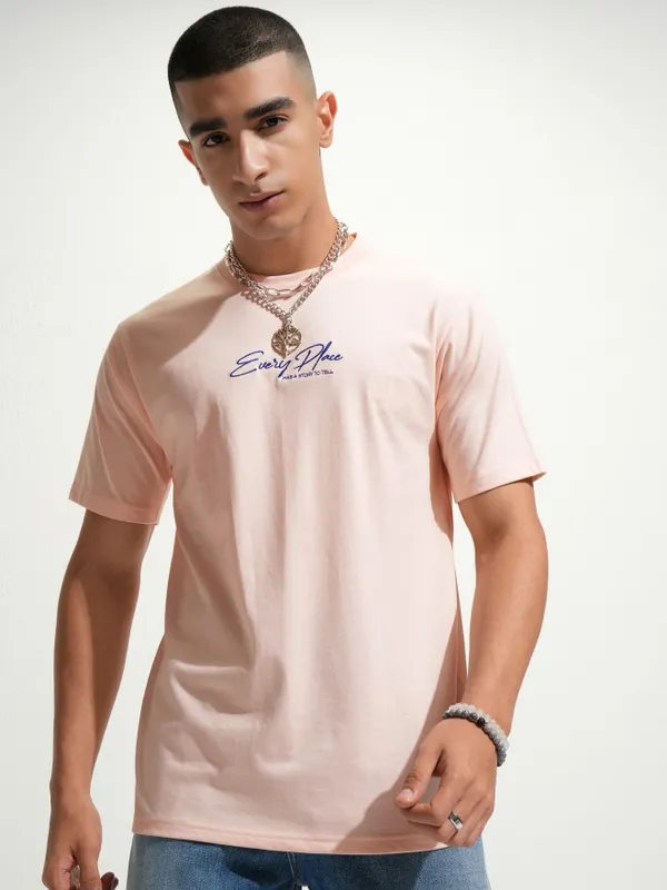 Highlander Men Peach Printed Round Neck T-Shirt