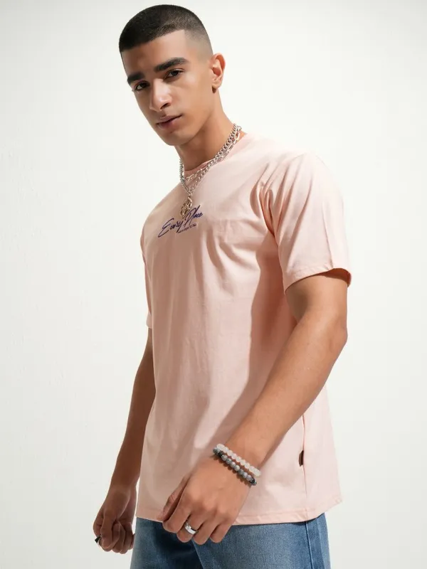 Highlander Men Peach Printed Round Neck T-Shirt