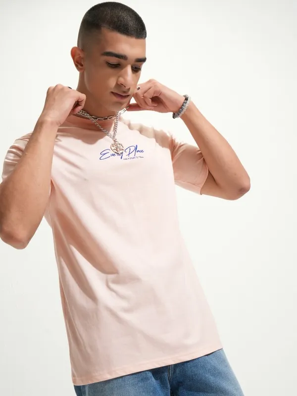 Highlander Men Peach Printed Round Neck T-Shirt