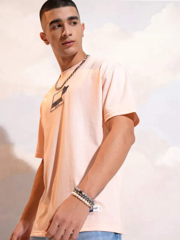 Highlander Men Peach Printed Round Neck T-Shirt