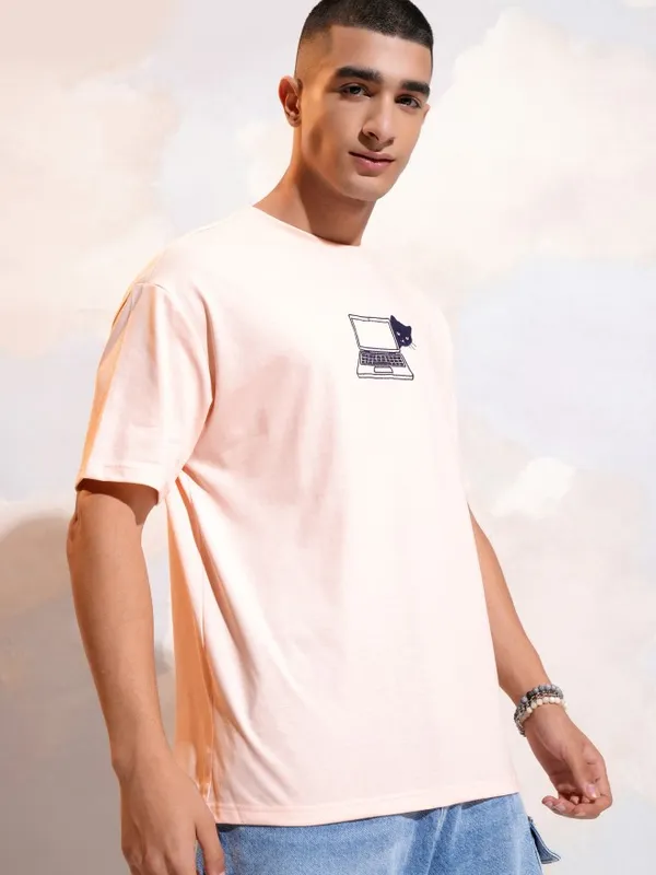 Highlander Men Peach Printed Round Neck T-Shirt