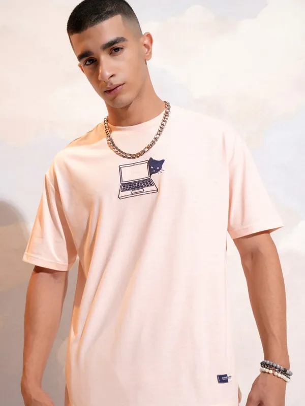 Highlander Men Peach Printed Round Neck T-Shirt