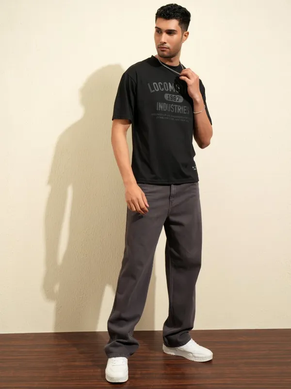 Locomotive Premium Men Black Printed Round Neck T-Shirt