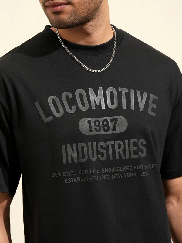 Locomotive Premium Men Black Printed Round Neck T-Shirt