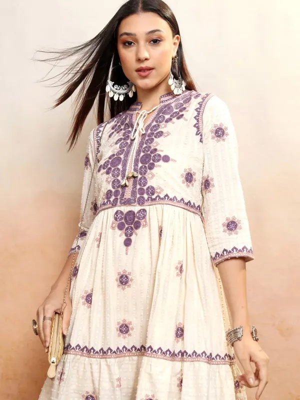 Vishudh Women Cream Embroidered Fit and Flare Dress