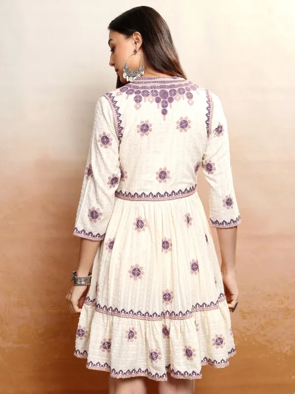 Vishudh Women Cream Embroidered Fit and Flare Dress
