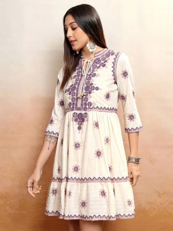 Vishudh Women Cream Embroidered Fit and Flare Dress