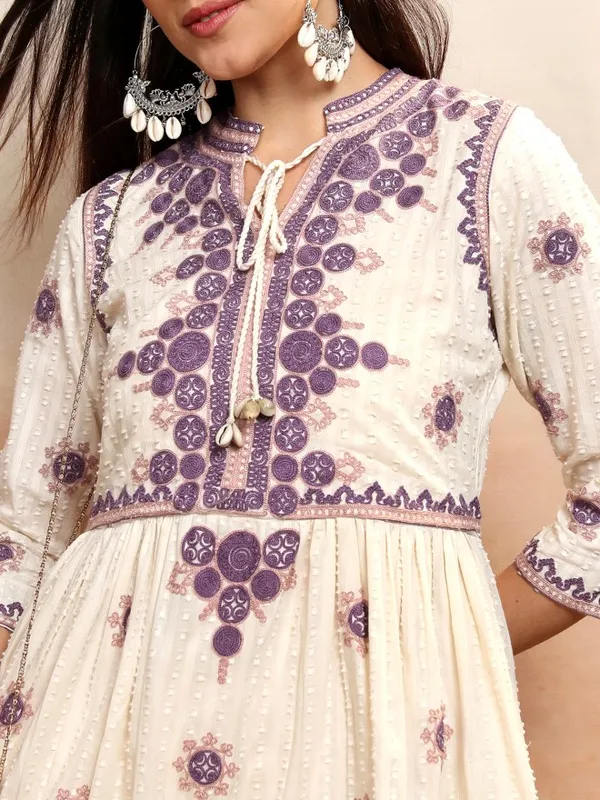 Vishudh Women Cream Embroidered Fit and Flare Dress