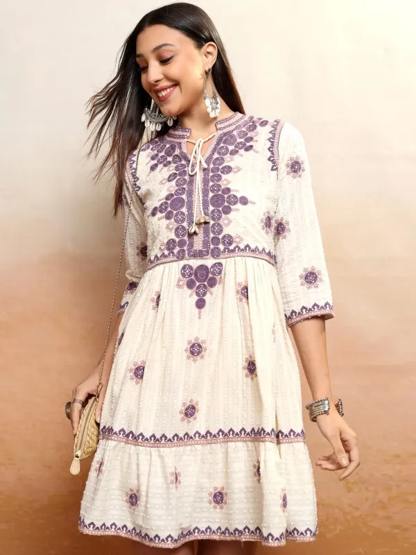 Vishudh Women Cream Embroidered Fit and Flare Dress
