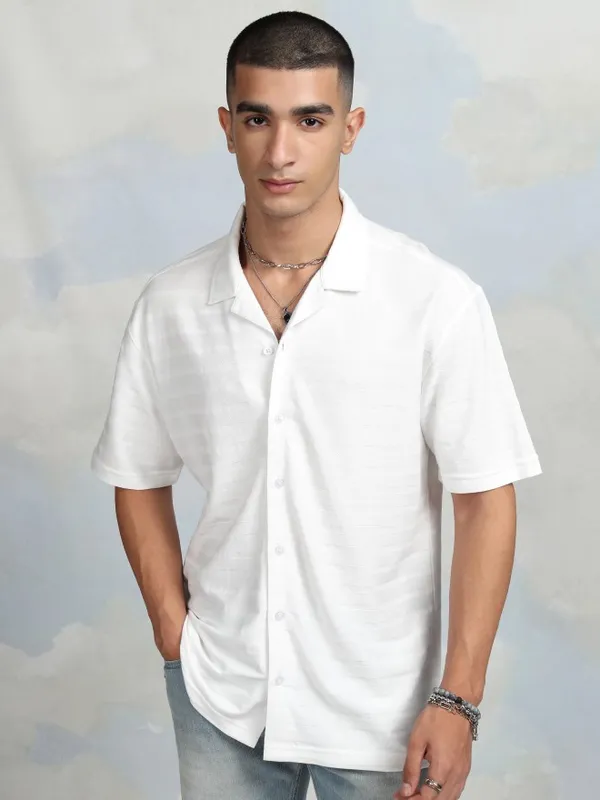 Highlander Men White Striped Relaxed Fit Casual Shirt