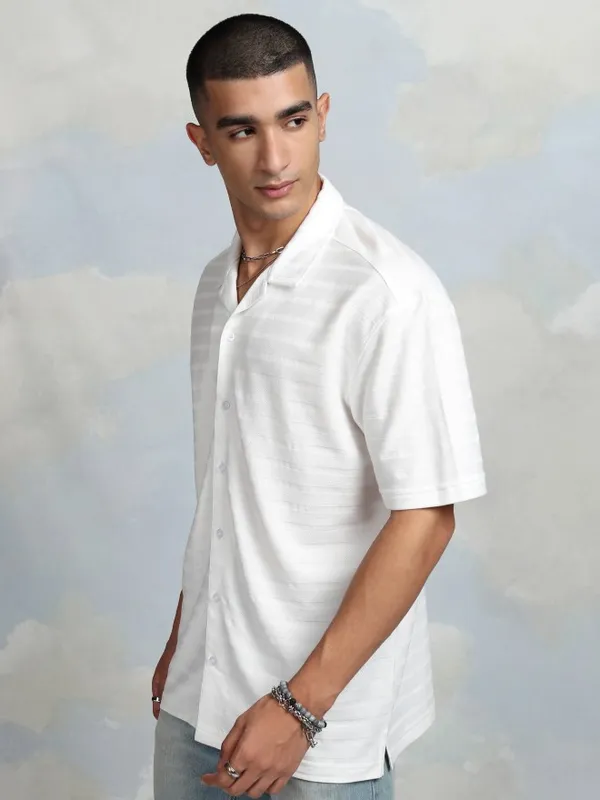 Highlander Men White Striped Relaxed Fit Casual Shirt