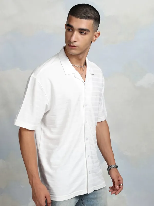 Highlander Men White Striped Relaxed Fit Casual Shirt
