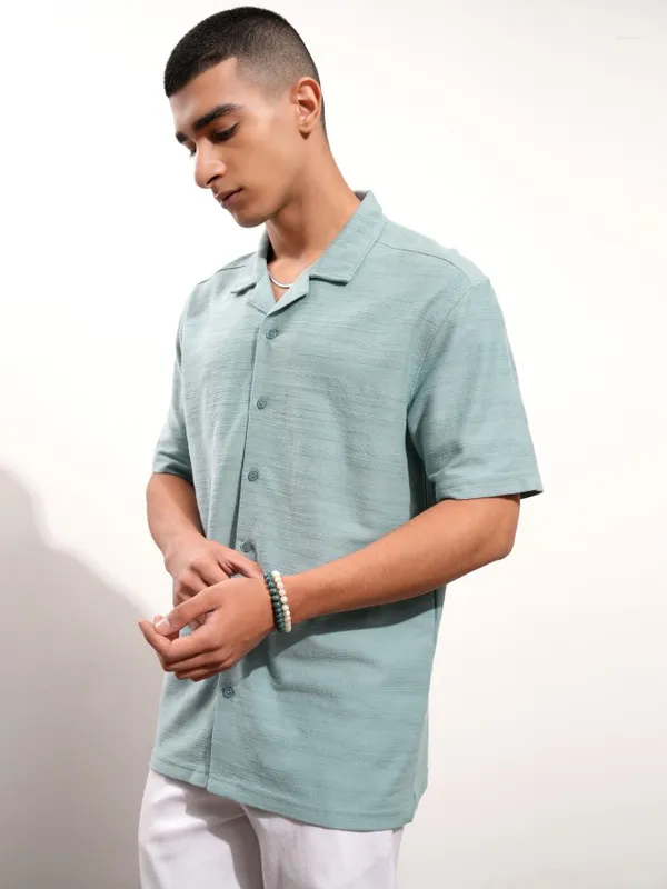 Highlander Men Teal Textured Relaxed Fit Casual Shirt