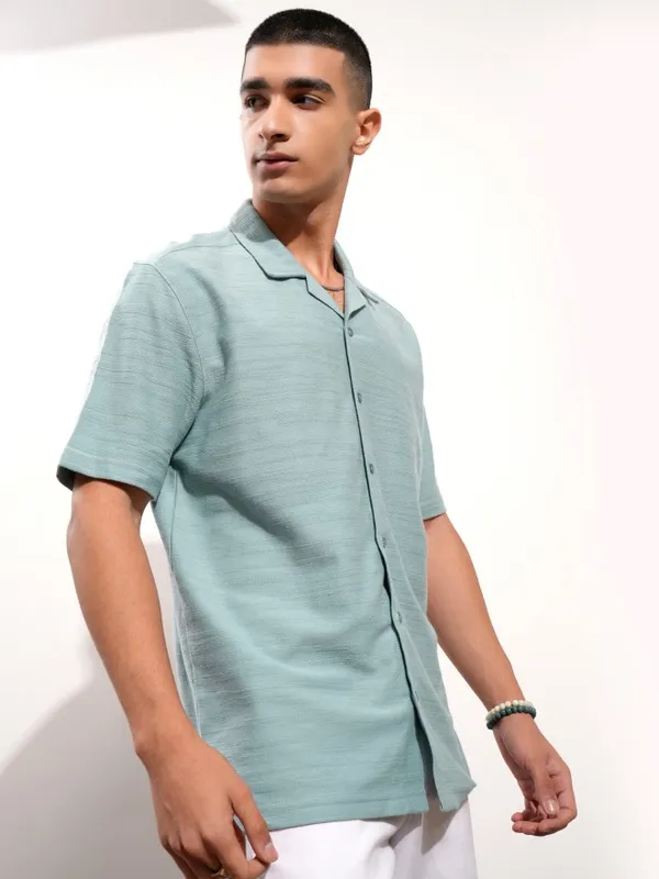 Highlander Men Teal Textured Relaxed Fit Casual Shirt