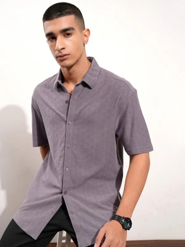 Highlander Men Purple Textured Relaxed Fit Casual Shirt
