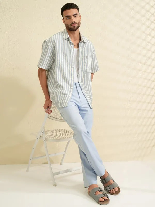 Locomotive Men Blue Striped Oversized Fit Casual Shirt