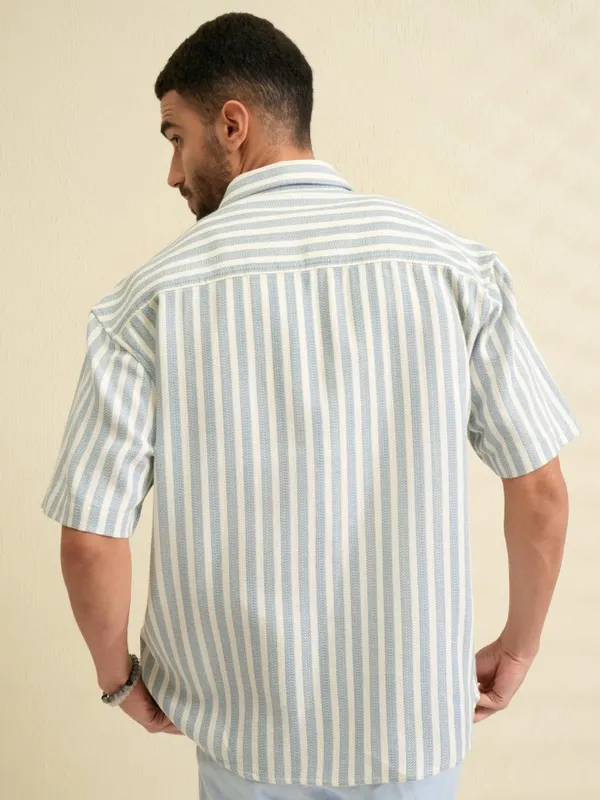 Locomotive Men Blue Striped Oversized Fit Casual Shirt