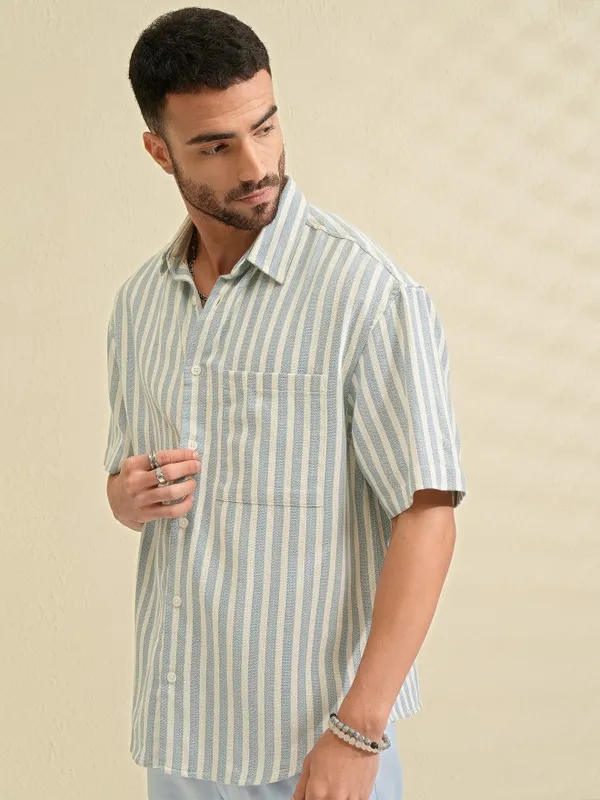 Locomotive Men Blue Striped Oversized Fit Casual Shirt