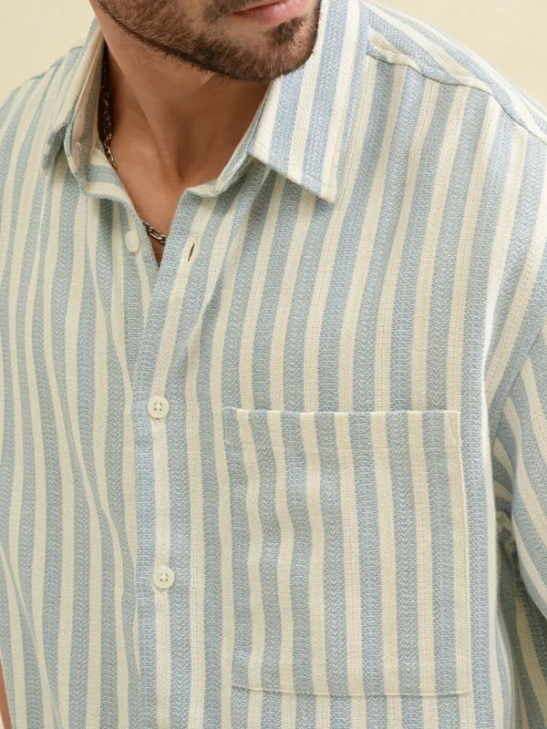Locomotive Men Blue Striped Oversized Fit Casual Shirt
