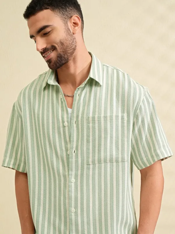 Locomotive Men Green Striped Oversized Fit Casual Shirt