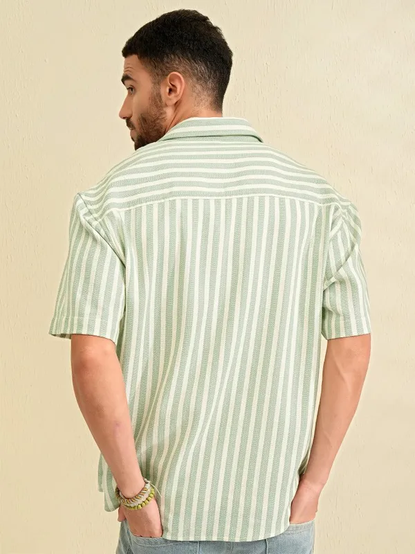 Locomotive Men Green Striped Oversized Fit Casual Shirt